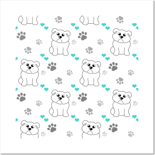 Little bulldog with blue hearts pattern Posters and Art